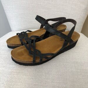 Naot Black Leather Cork Footbed Sandals